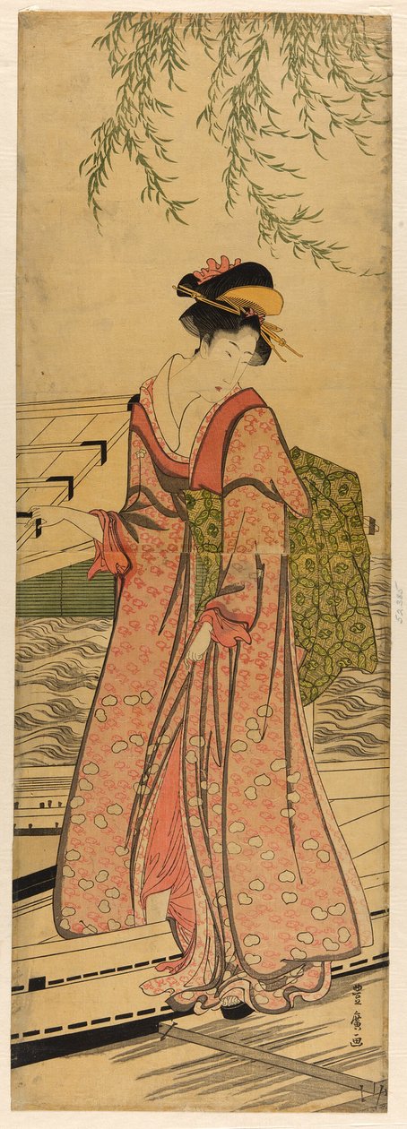 ボートから降りる若い女性 作： 歌川豊弘