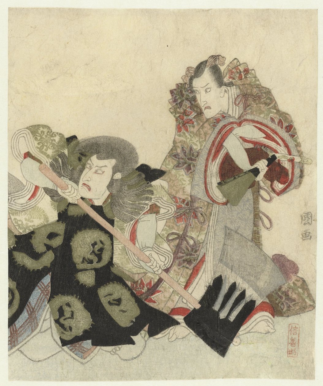 七代目市川團十郎は吉宗の宗定に扇子を、市川王目蔵は斧を持った関兵衛に 作： 歌川豊国（I）