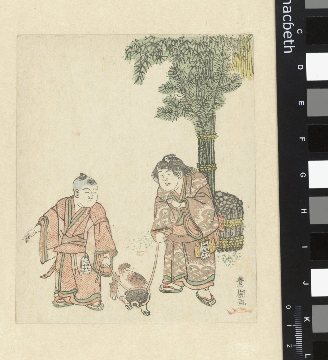 犬を連れた 2 人の男の子 作： 歌川豊国（I）