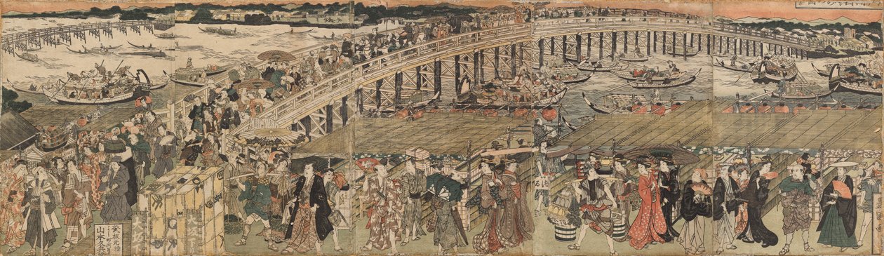 Cooling Off at Ryōgoku Bridge in Edo, a Pentaptych  (Edo Ryôgoku suzumi no zu, gomai tsuzuki) 作： 歌川豊国