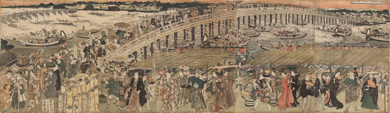 Cooling Off at Ryōgoku Bridge in Edo, a Pentaptych  (Edo Ryôgoku suzumi no zu, gomai tsuzuki) 作： 歌川豊国
