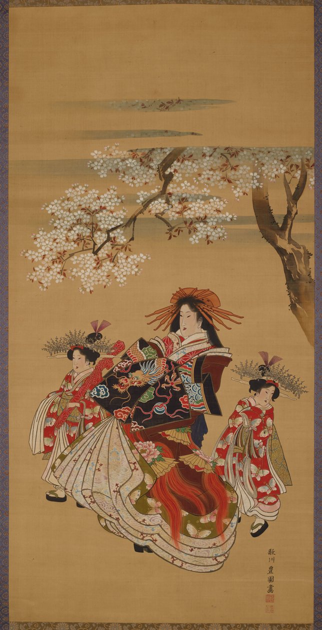 桜の下の遊女と二人の禿 作： 歌川豊国
