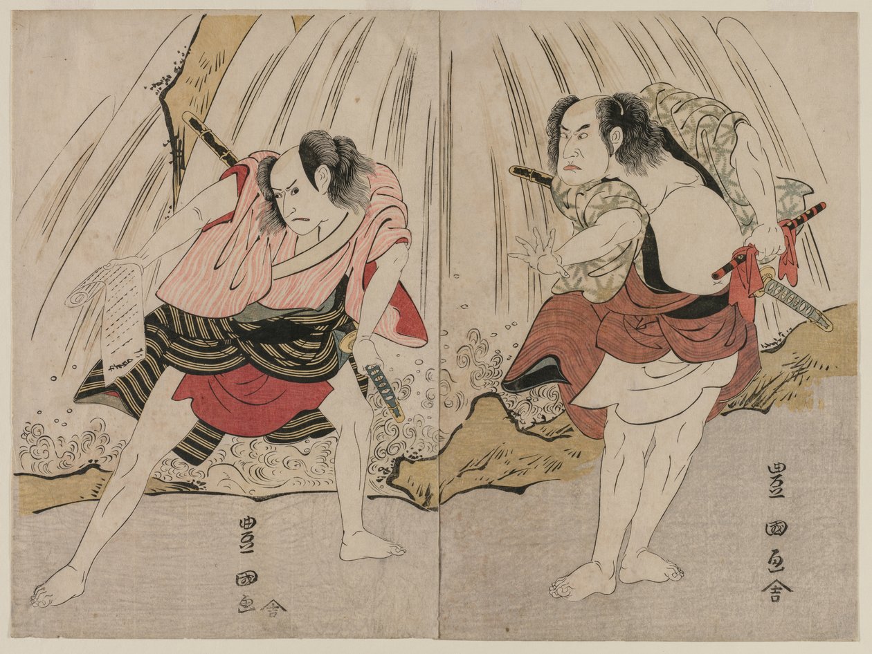 滝のほとりで対峙する七代目片岡二左衛門と三代目市川八尾蔵 作： 歌川豊国