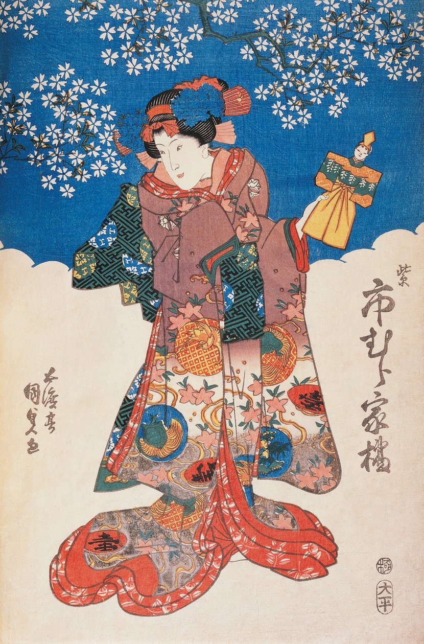 着物姿の女性と人形、背景にはリンゴの花をあしらった歌川豊国の木版画 作： 歌川豊国