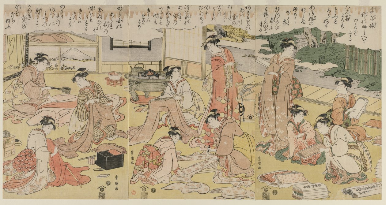 服を作る女性たち、1790年代初頭。 作： 歌川豊国
