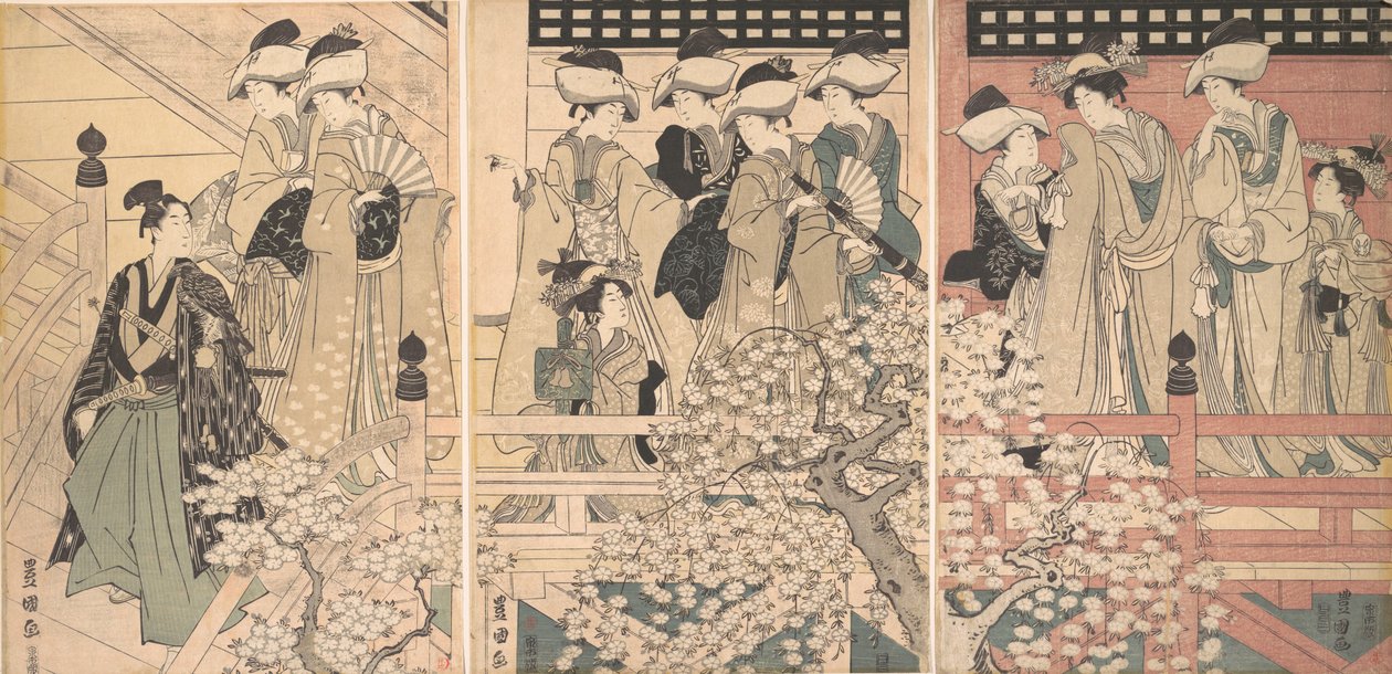 サムライが出発する桜に囲まれた縁側の美女たち, ca. 1800年。 作： 歌川豊国I