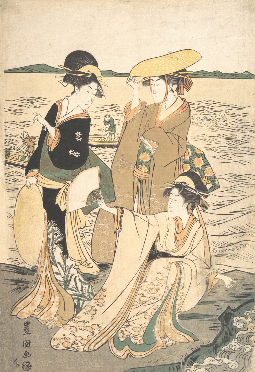 海岸沿いの 3 人の若い女性。 作： 歌川豊国I