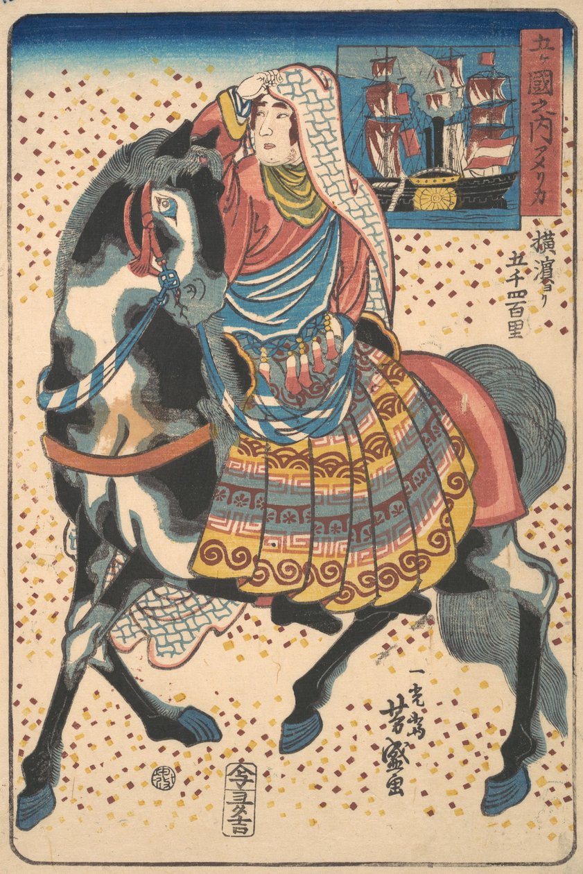マウントされたアメリカ人女性、12 月、1860 年。 作： 歌川吉森