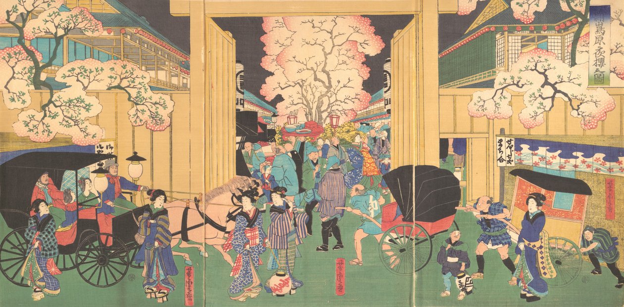 新島原の夜桜、19世紀。 作： 歌川吉虎