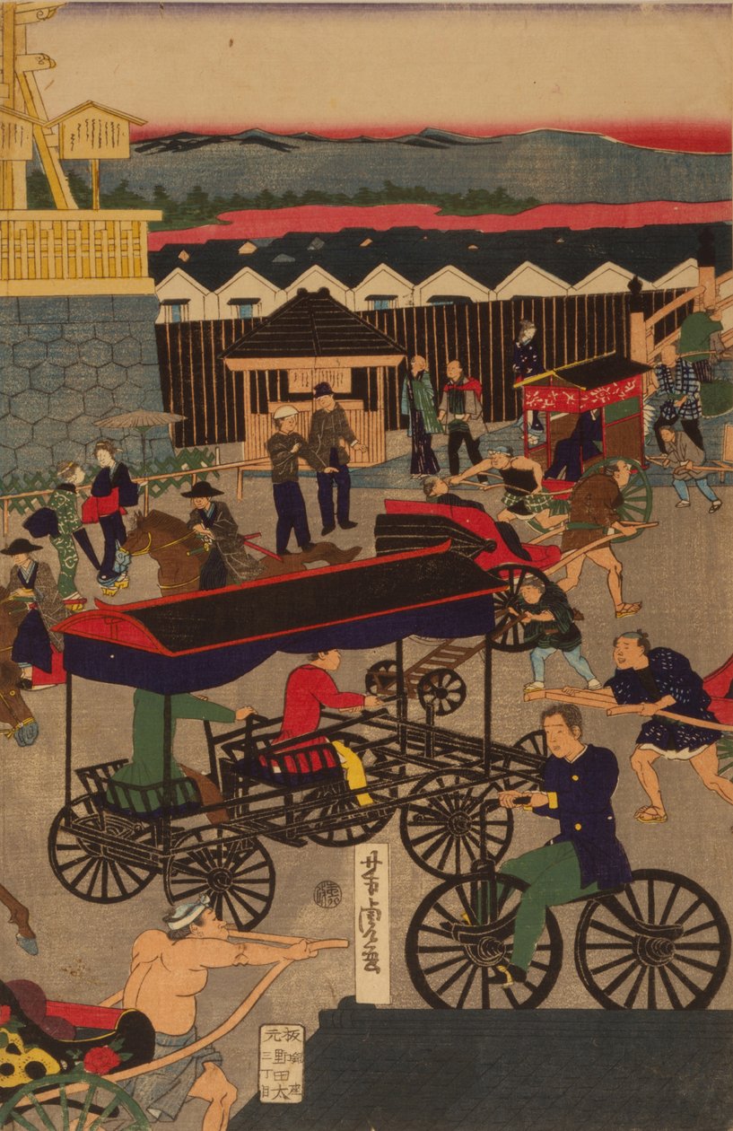 Flourishing Nihonbashi section of Tokyo. Tokyo Nihonbashi han ei no zu Triptych 作： 歌川吉虎