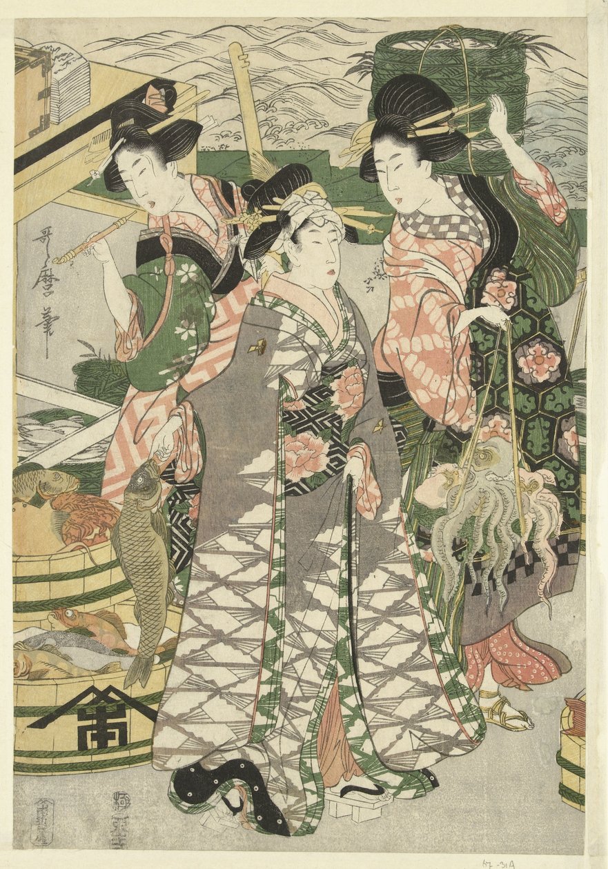 芝の浜の魚市場の眺め [芝] のうらうおいちのず 作： 歌麿（II）、北川