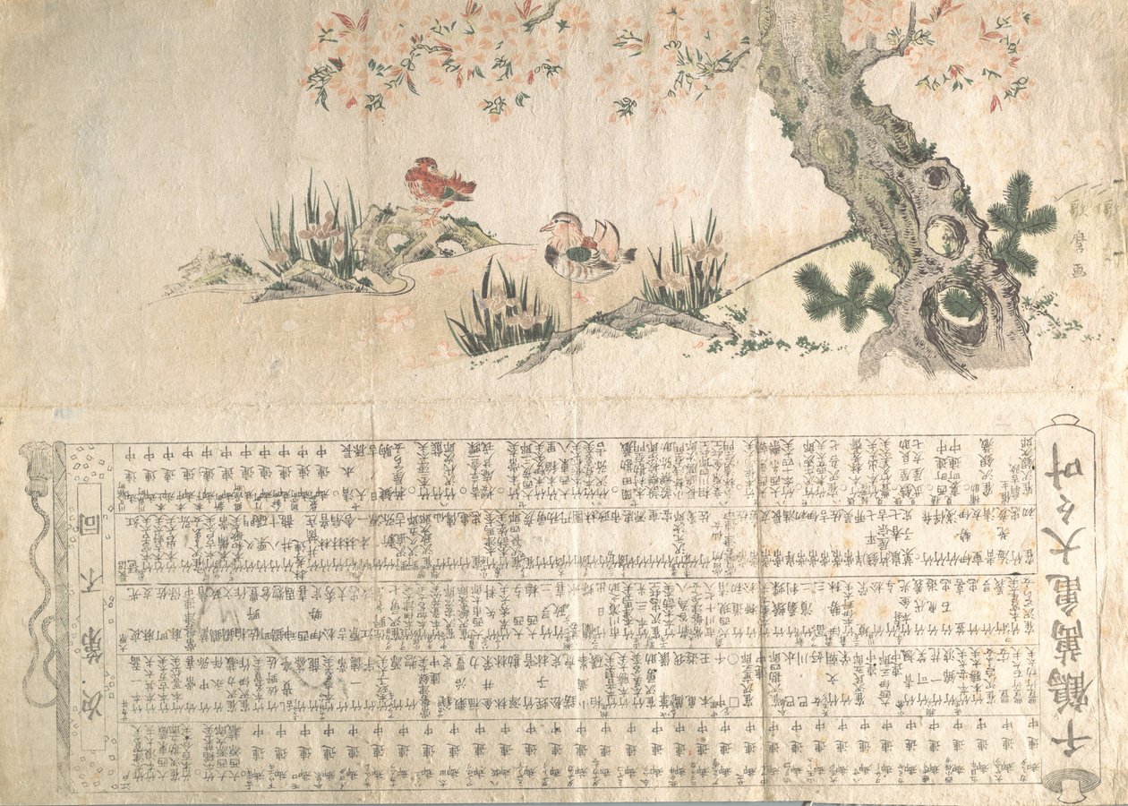 春景色の鴛鴦（えんおう）図浄瑠璃公演のプログラム 1807年頃 作： 歌麿II