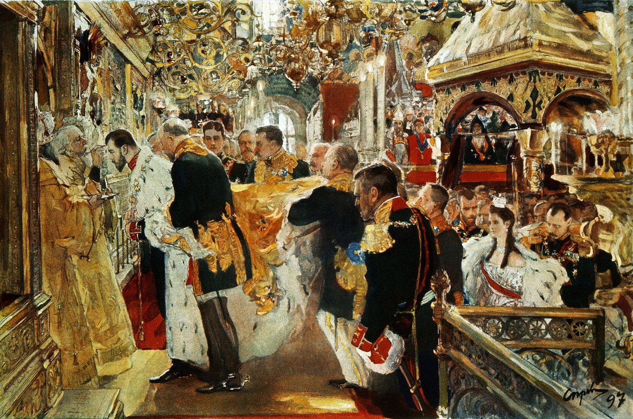 1894 年にロシアの皇帝 (皇帝) ニコラス 2 世の戴冠式。ヴァレンティン セロフ (1 月 19 日) 作： バレンティン・アレクサンドロビッチ・セロフ