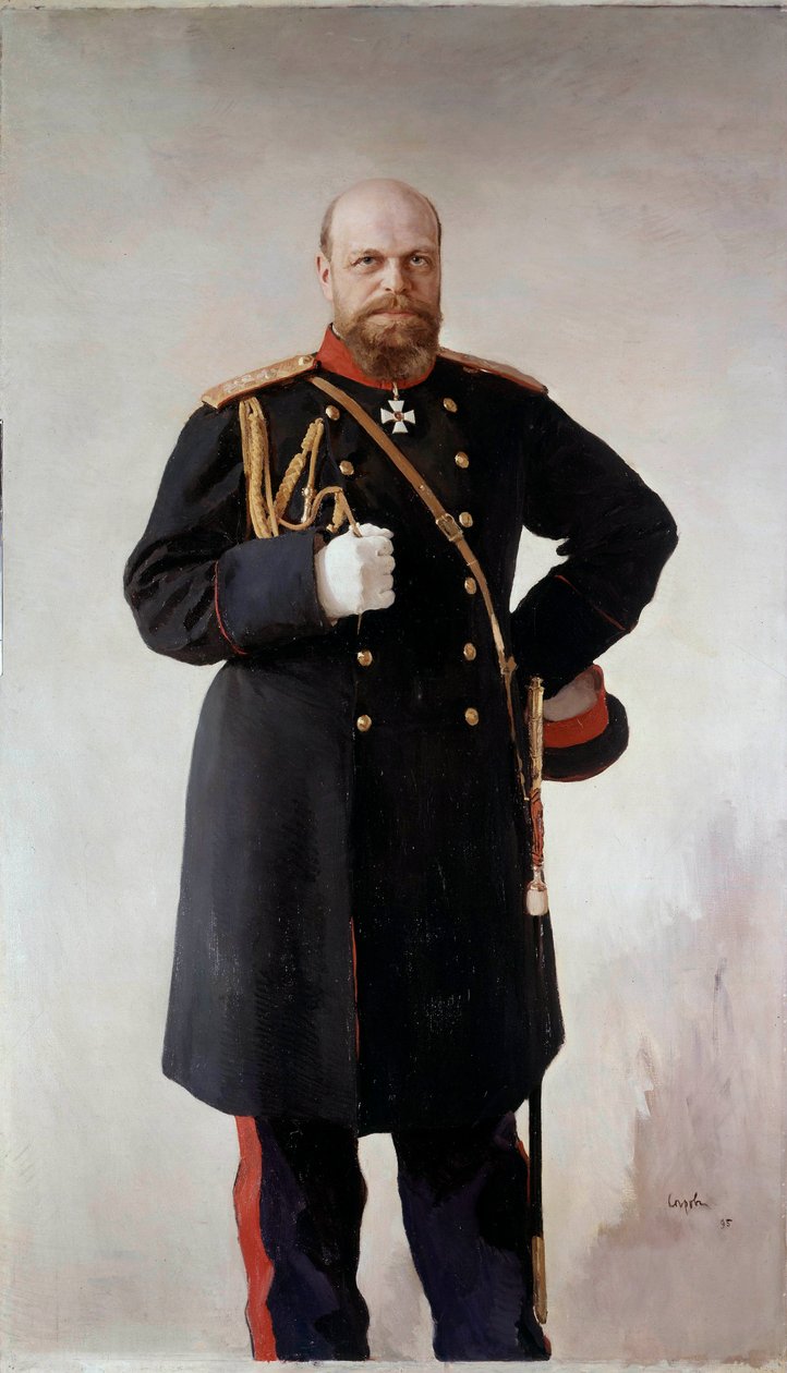 ロシア皇帝アレクサンドル3世(1845-1895)の足元の肖像 ヴァレンティン・セロフ(1865-1911)の絵画 1895年 St.Chateau De Peterhof - ロシア皇帝アレクサンドル3世(1845-1895)の全身像。ヴァレンティン・セロフ（1865-1911）による絵画 作： バレンティン・アレクサンドロビッチ・セロフ