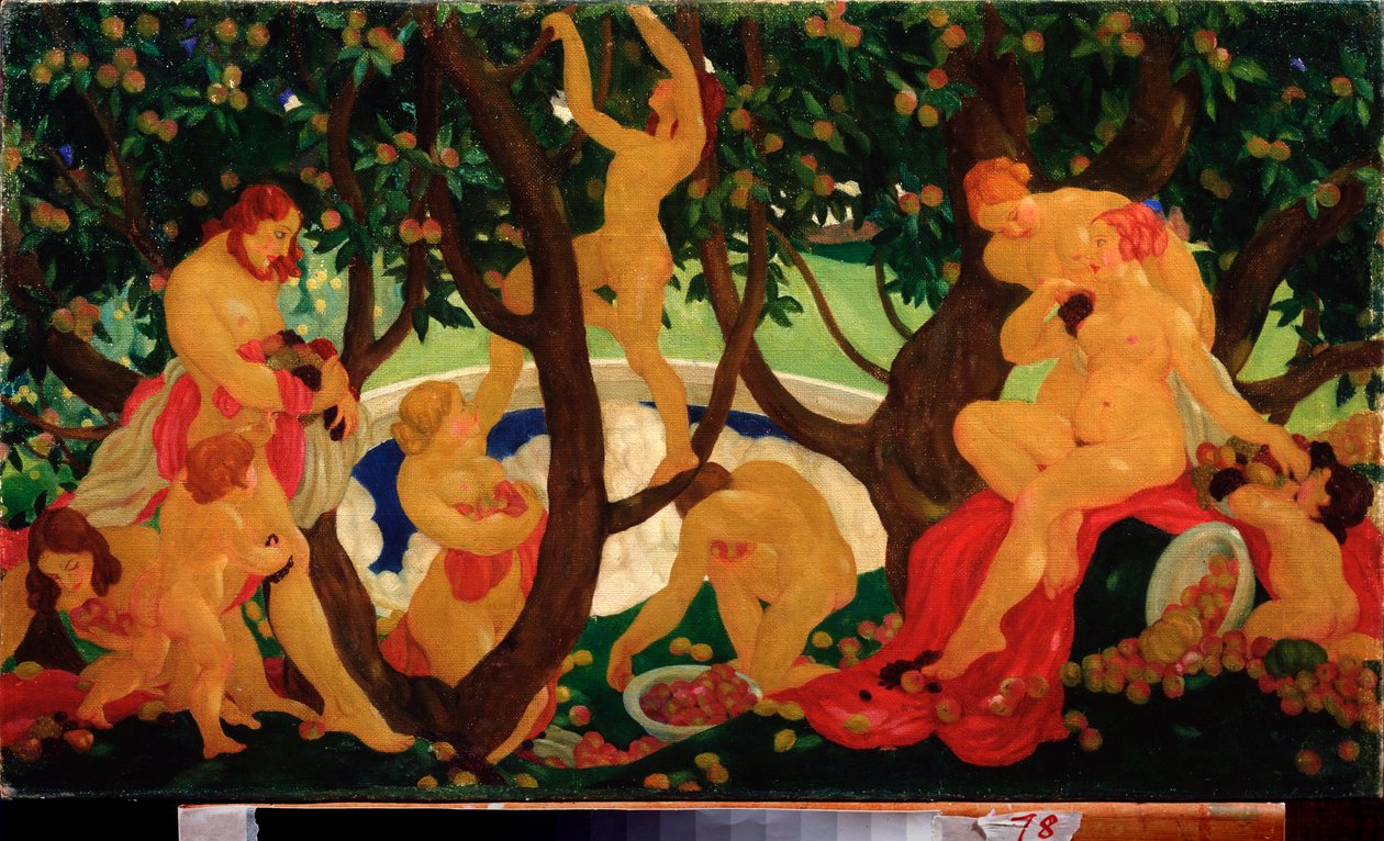 りんごを分け合う (りんごを集める) - Valentin Alexandrovich Yakovlev (1887-1919) 作、キャンバスに油彩 作： バレンティンアレクサンドロヴィッチヤコブレフ