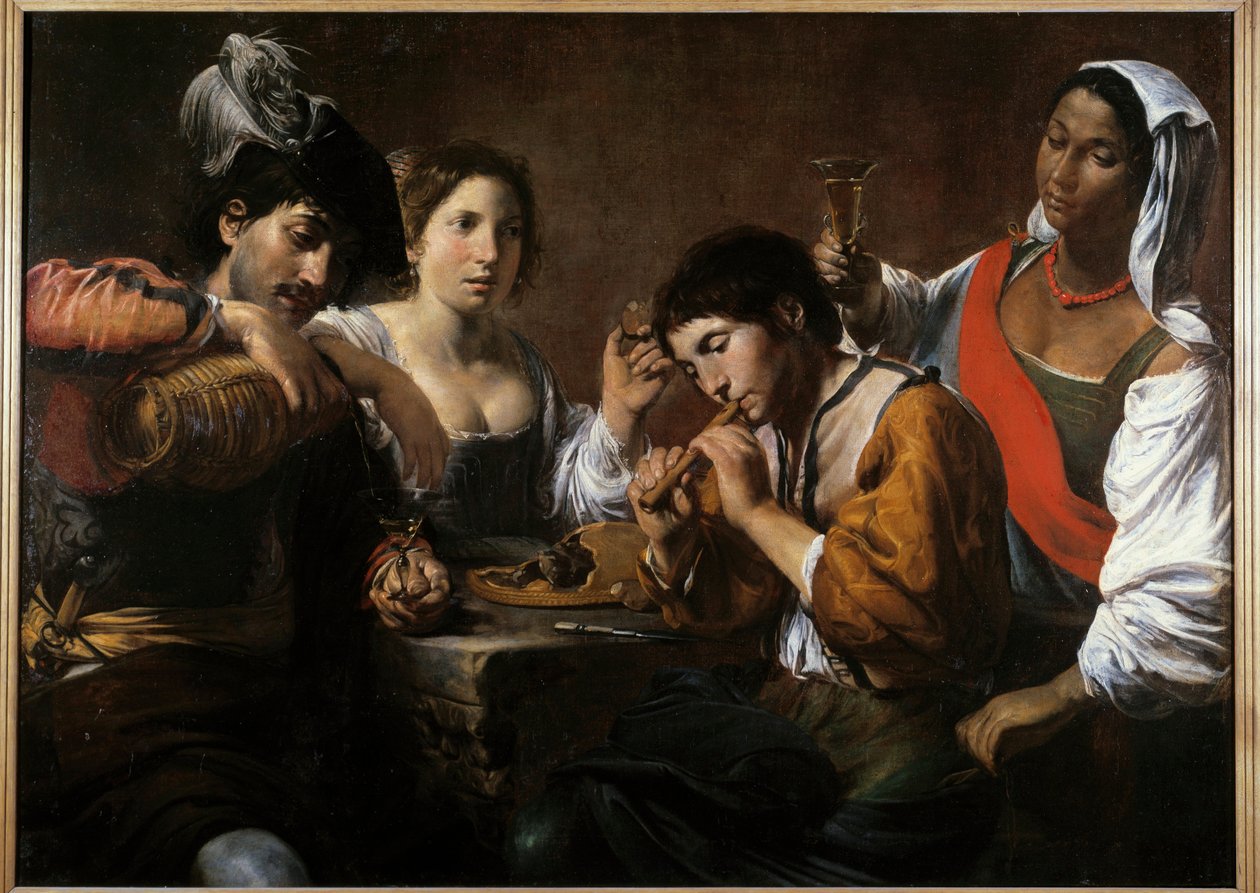 キャバレーでの出会い ヴァレンティン・ド・ブローニュ(1591-1632)の絵画 17世紀 日0.96×1.33m 作： バレンティン・ド・ブローニュ