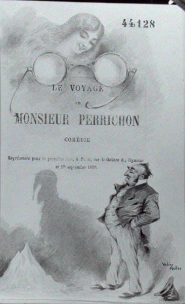 Eugene Labiche（1815-88）の「Le Voyage de Monsieur Perrichon」（1860-65年頃発行）の表紙（紙に水彩）（モノクロ写真 作： ヴァレリー・ミュラー