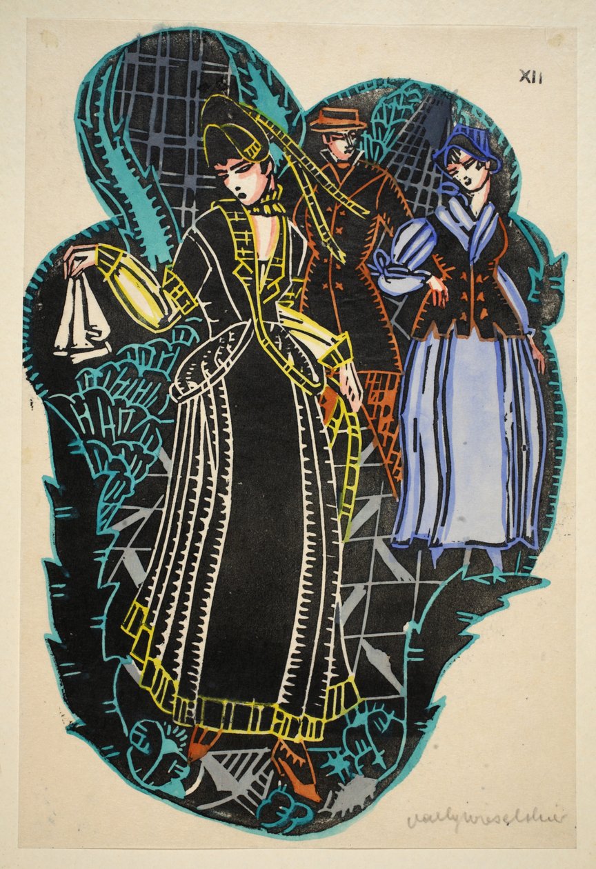 シーサイドファッション、プレート12、ブック12、 &39;Wiener Werkstatte Mode 191415&39;のイラスト、パブ。エドゥアルドコスマック、ウィーン、1914年〜1915年（手描きのリノカット） 作： バリー・ヴィーゼルティエ