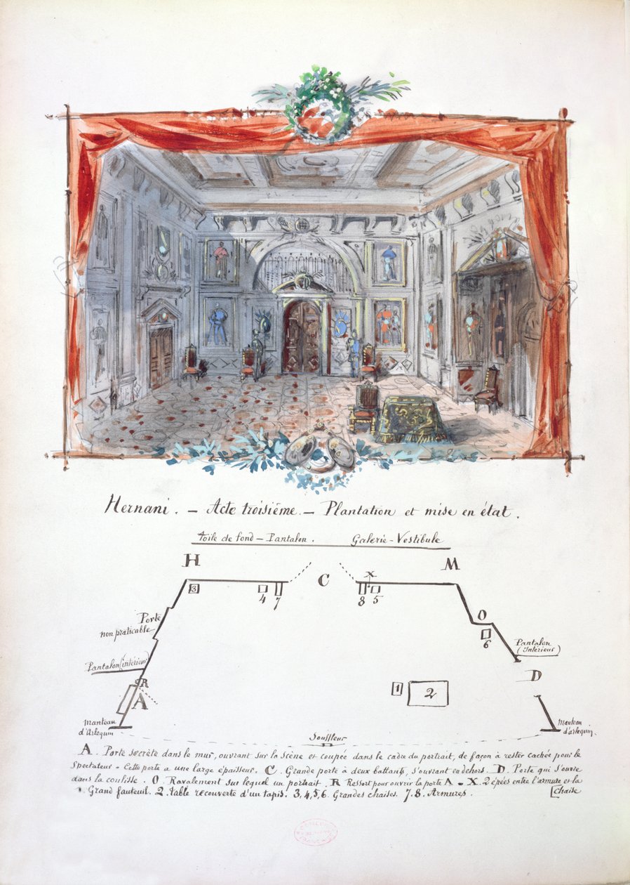ヴィクトルユーゴー（1802-85）、1879（インク＆ガッシュ）による1877年のエルナニの制作のデザインとステージの方向性を設定する 作： ヴァルネイペールとフィルス