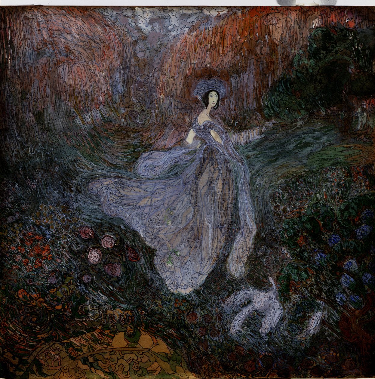 朝（モーニング）。 ベールをまとった女性が、花畑で地上の鳥に向かって歩いています。 Vasili Dmitrievich Millioti (1875-1943) の作品、紙に水彩、グワッシュ、インク 作： Vasili Dmitrievich Millioti