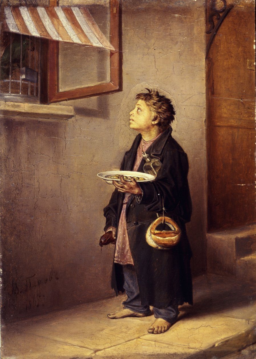 オウムを見ている見習い、1865年 作： Vasili Grigorevich Perov