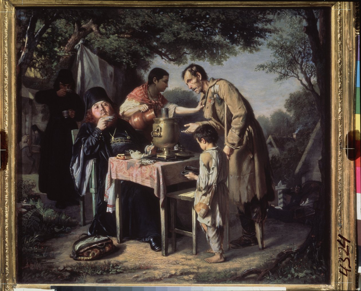 Tee trinken in Mytichtchi, nahe Moskau. (Orthodoxe Mönche trinken Tee in einem Garten, ein Krüppel und ein armes Kind betteln, zurückgewiesen von einer Dienerin). Gemälde von Vasili Grigorievich Perov (1834-1882) von Vasili Grigorevich Perov