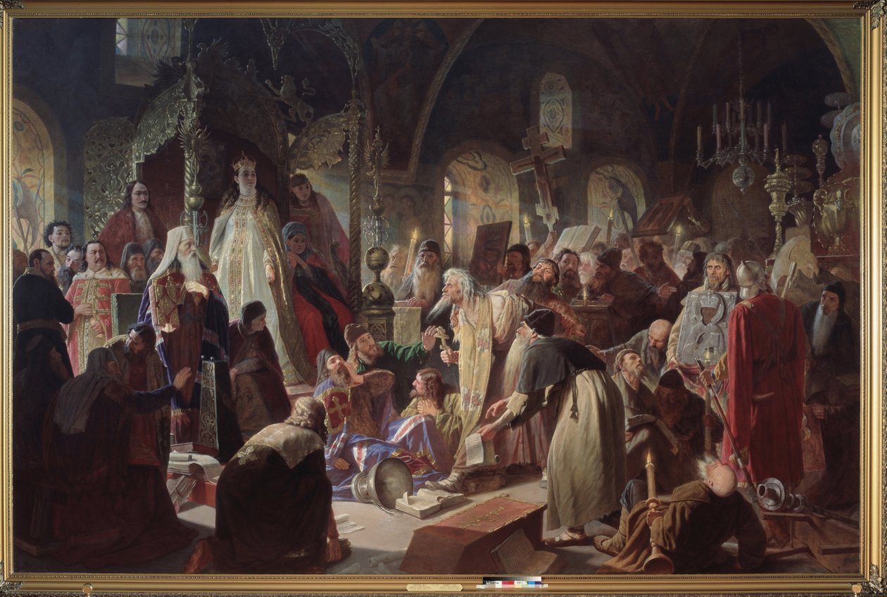 古い信者（古い信者）教皇ニキータ・ポストスビアト（またはニキータ・ディミトリオヴィッチ・ドブリニン、1683年に死亡）は、摂政ソフィア・アレクセイエフナ・ロマノヴァの前で信仰の問題についてモスクワ総主教ヨアヒム（1620-1690）と討論した（ 1657-1704 作： Vasili Grigorevich Perov