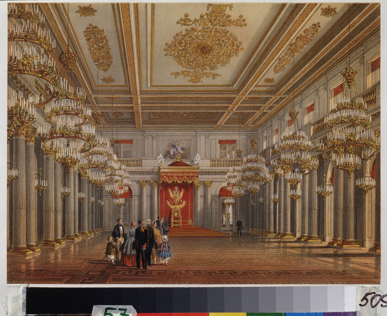 サンクトペテルブルクの冬宮殿の玉座の間 (聖ジョージの間)。 Vasily Semyonovich Sadovnikov (1800-1879) の作品、紙に水彩。 19世紀のロシア美術。 A. プーシキン記念博物館、サンクトペテルブルク。 作： ヴァシリ・セメノビッチ・サドヴニコフ