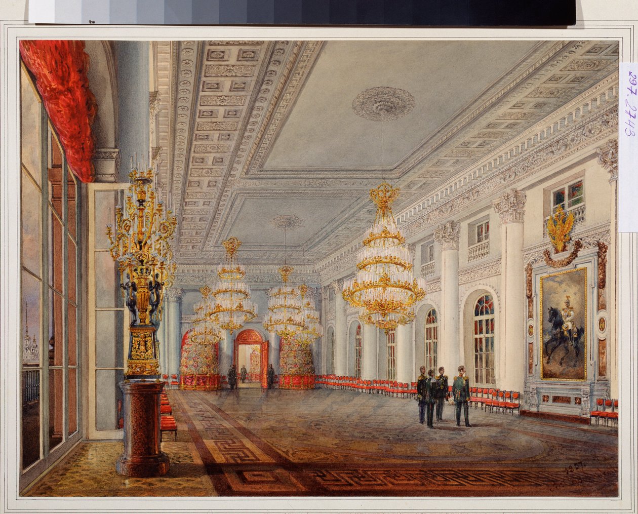 サンクトペテルブルクの冬宮殿の大広間 (またはニコラス ホール)。 Vasily Semyonovich Sadovnikov (1800-1879) の作品、紙に水彩 作： ヴァシリ・セメノビッチ・サドヴニコフ