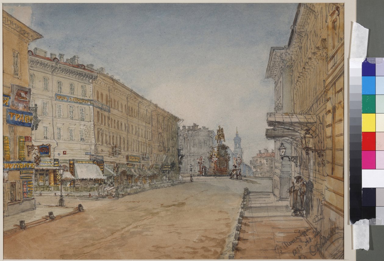 サドヴニコフ（Vasily Semyonovich, 1800-1879）によるサンクトペテルブルクのヴォズネゼンスキー プロスペクトクト。紙に水彩画 作： ヴァシリ・セメノビッチ・サドヴニコフ