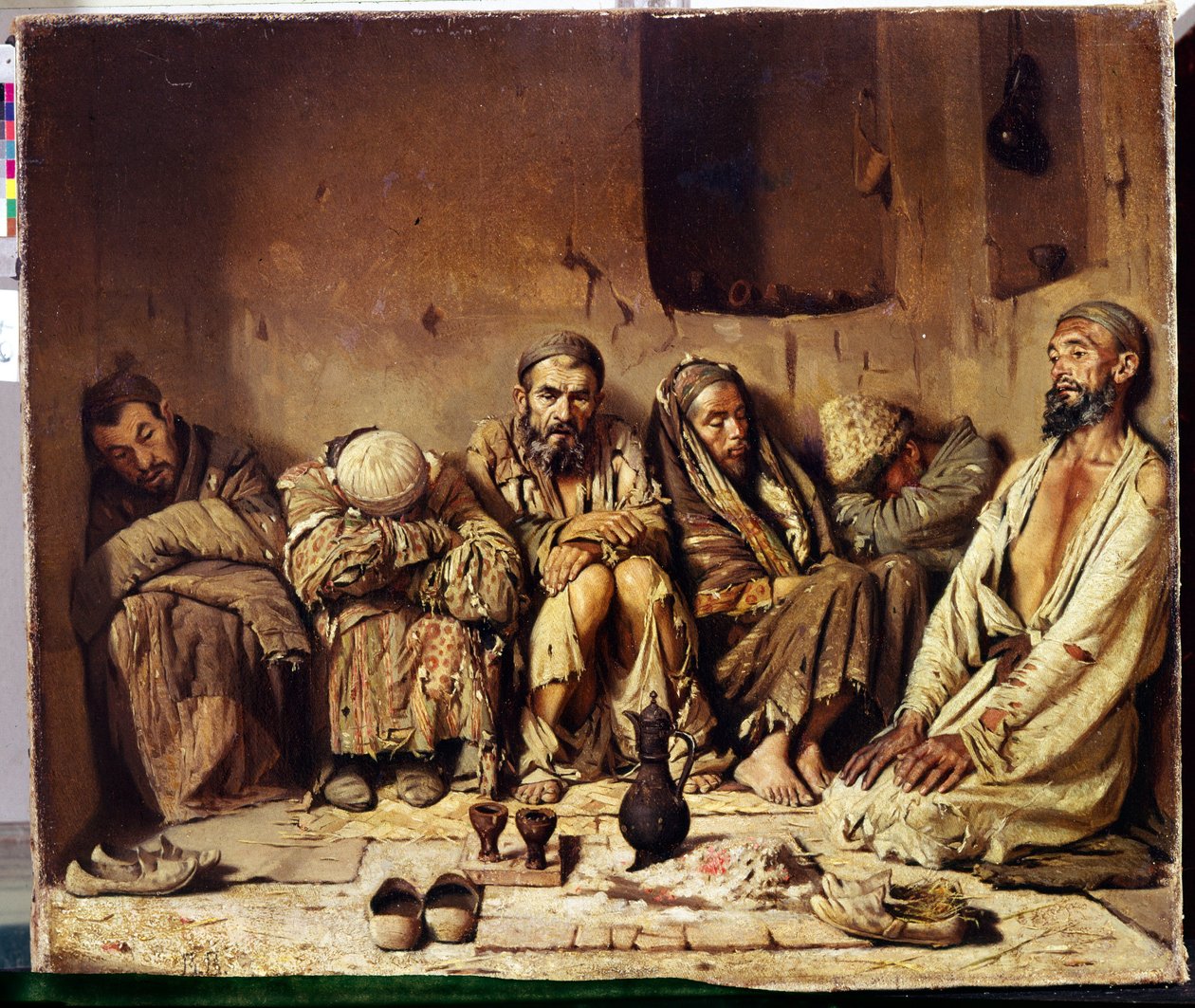 オリエンタリズム: 中東の通りに座っているアヘン喫煙者 (アヘン喫煙者)。 Vasili Vasilyevich Vereschagin（Vereshchagin、Vereshchagin）（1842-1904）による絵画 作： ヴァシリ・ヴァシリエヴィチ・ベレシチャギン