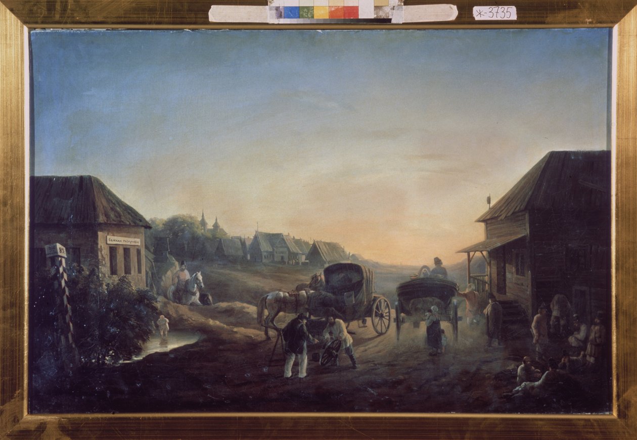 駅馬車駅。 Vasili Vasilyevich Samoylov（1813-1887）による絵画、キャンバスに油彩 作： ワシリー・ヴァシリエビッチ・サモイロフ