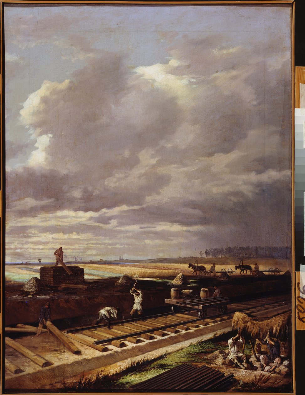 鉄道線の建設作業 - Vasili Vladimirovich Pukirev (Vassili Poukirev) (1832-1890) による絵画、キャンバスに油彩 作： ヴァシリ・ウラジミロヴィッツ・プキレフ