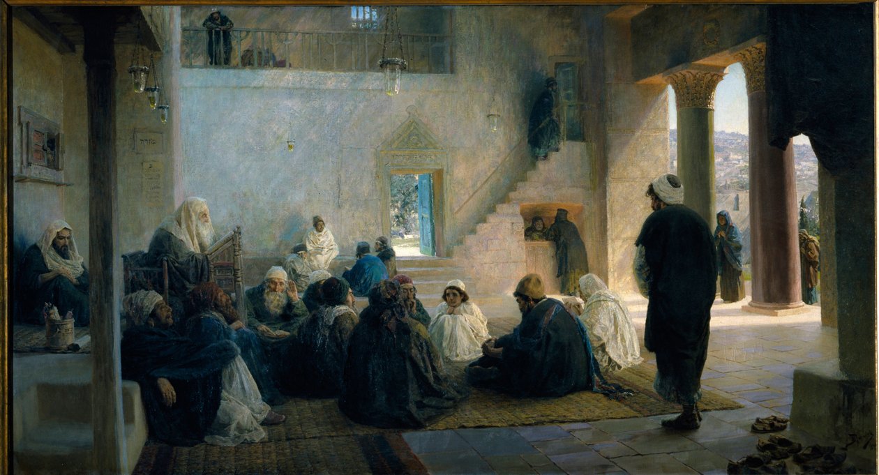 律法学者の中のキリスト. Vasili Dmitrievich Polenov（1844-1927）による絵画、キャンバスに油彩 作： ヴァシーリー・ドミトリエヴィチ・ポレノフ