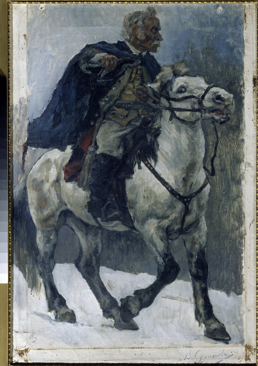 馬に乗ったアレクサンドル・スヴォーロフ (1729-1800)。 （馬に乗ったアレクサンダー・スボーロフ）。 ロシアの英雄は、イタリア遠征中 (1799-1800) に、ロシア軍の先頭に立ってアルプスを横断したと描写されています。 Vasilli Ivanovich Surikov (Vasily Surik) の絵画 作： ヴァシリー・イワノビッチ・スリコフ