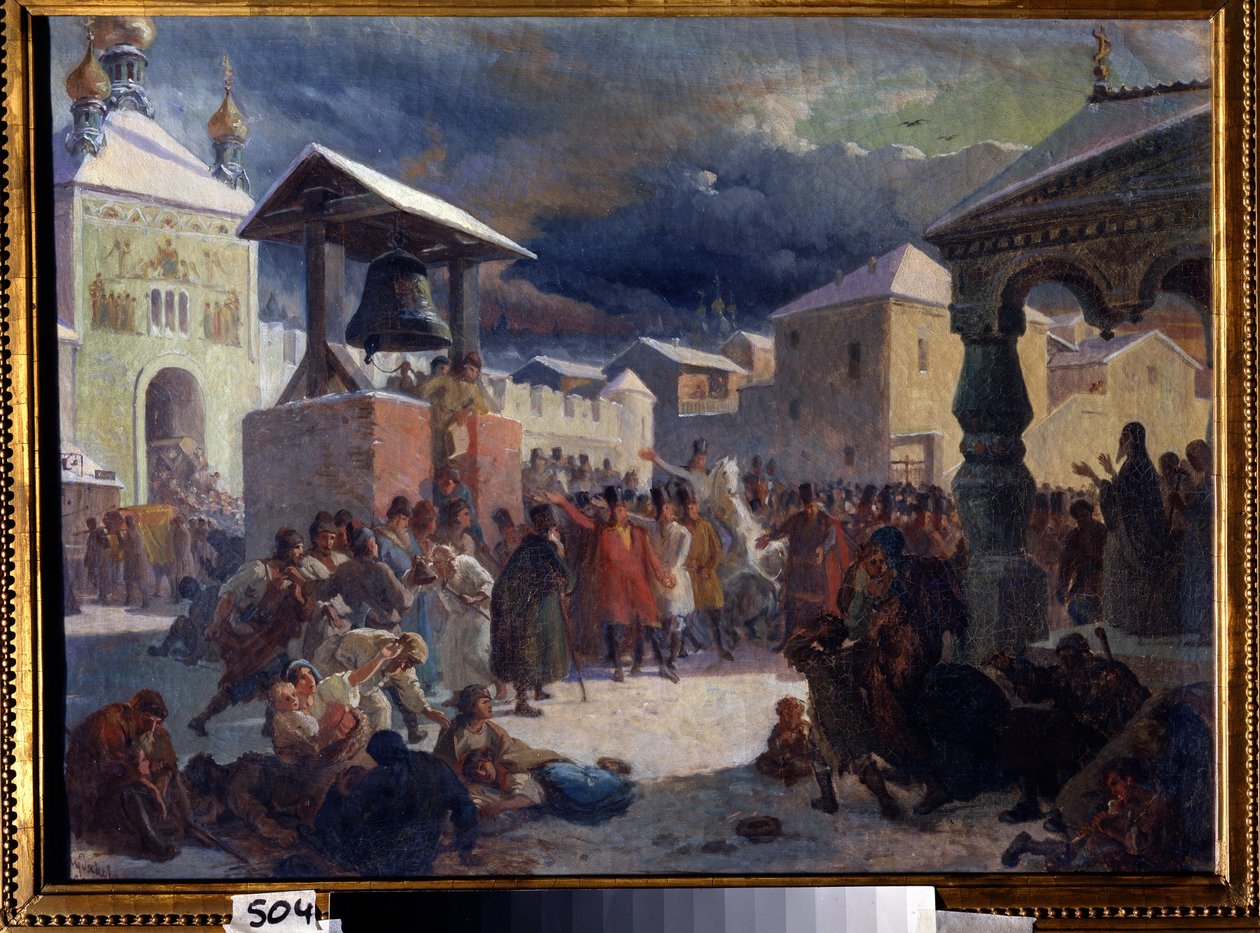 ノヴゴロド共和国の veche (スラブ諸国の中世の人々 の集会) (ノヴゴロド共和国の veche)。 Vasili Grigorievich Khudyakov (1826-1871) による絵画。 キャンバスに油彩 作： ヴァシリー・グリゴリエビッチ・フディアコフ