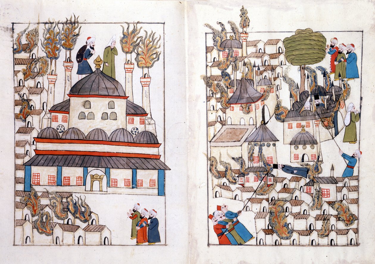1660年のコンスタンティノープルの火事。トルコの記念品」のミニチュア（codex Cicogna 1971 "Memorie Turchesche"） 17世紀ヴェネチア派の水彩画。 作： ベネチアンスクール