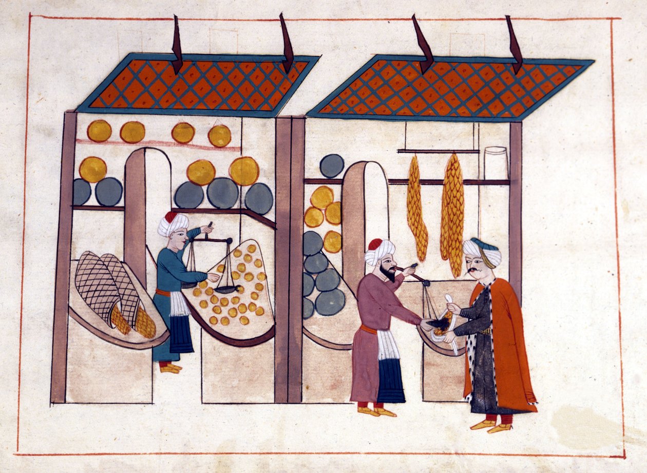 オスマン帝国時代のトルコ、コンスタンティノープルの青果商人（四季）。ミニチュア「トルコの記念品」（codex Cicogna 1971 "Memorie Turchesche"）より 17世紀ヴェネツィア派の水彩画。 作： ベネチアンスクール