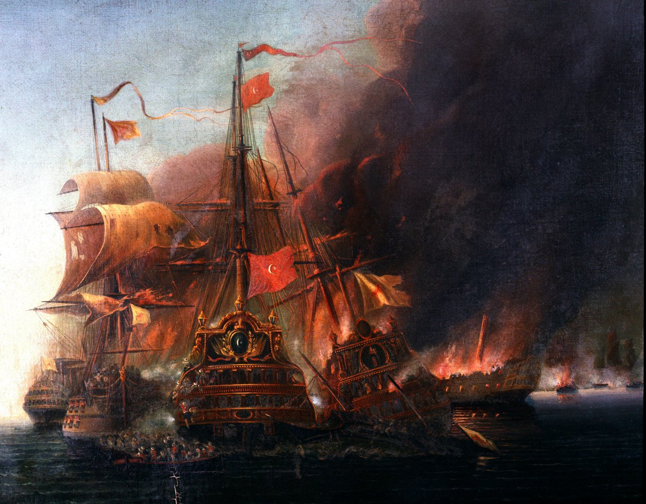 1570年のキプロス包囲戦におけるファマグスタ沖でのオスマン艦隊とヴェネツィア艦隊の戦い 16世紀のヴェネツィア派の絵画。イスタンブール、海軍博物館 作： ベネチアンスクール