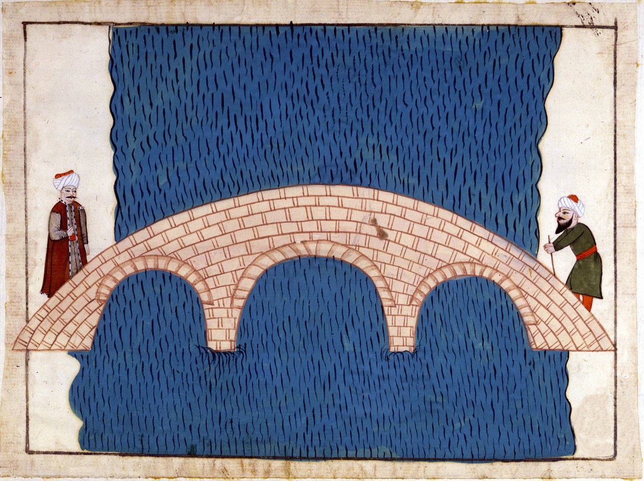 コンスタンティノープルガラタ橋。ミニチュア「トルコの記念品」（codex Cicogna 1971 "Memorie Turchesche"）より 17世紀ヴェネツィア派の水彩画。 作： ベネチアンスクール