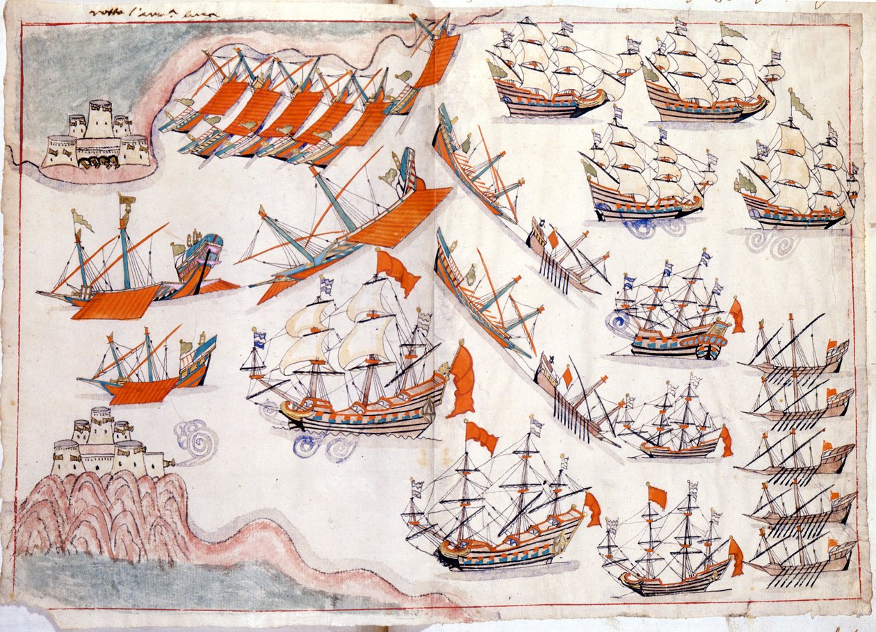 ヴェネツィアとオスマン帝国の戦争：ダーダネルス海峡の戦いでは、1655年にヴェネツィアのキャプテン、ロレンツォ・マルチェロが勝利を収めた（水彩画 作： ベネチアンスクール