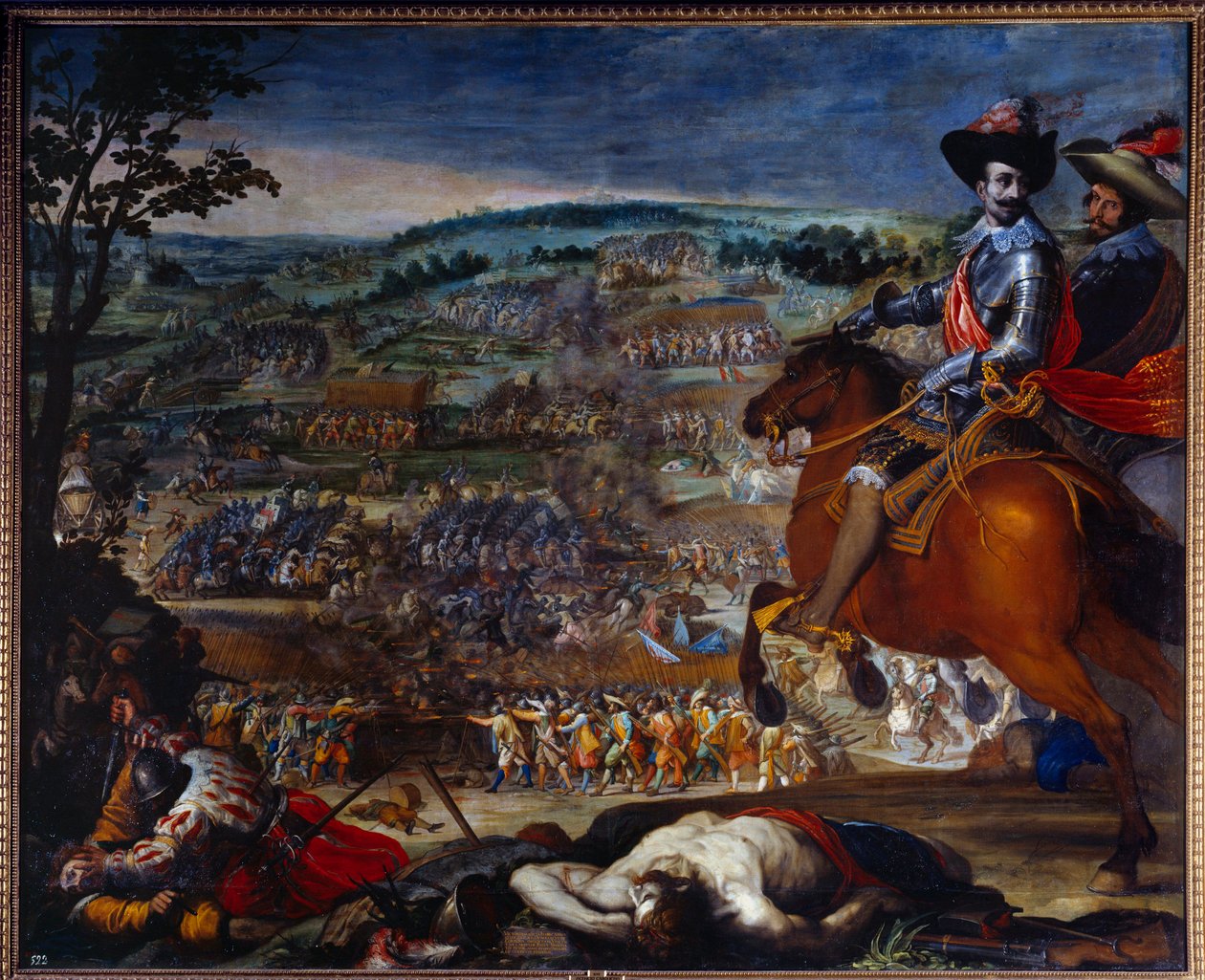 三十年戦争：1618年から1648年。"1622年のフルールスの戦い"右側のゴンサロ・フェルナンデス・デ・コルドバ代表率いるスペイン軍に対し、クリスチャン・ド・ブランズウィックとエルンスト・フォン・マンスフェルドのプロテスタント軍が対峙している。ビセンテ・カによる絵画 作： ビセンテ・カルドゥチョ