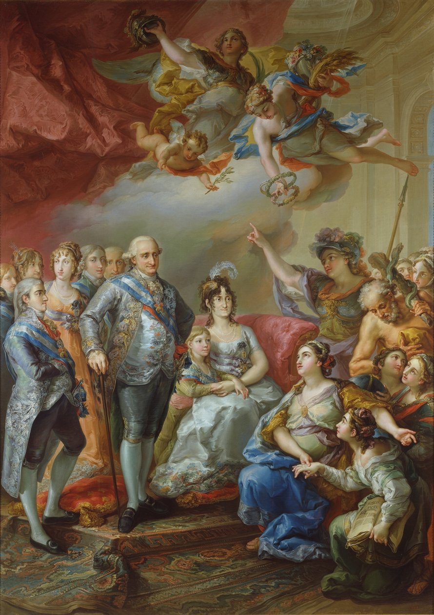 スペイン語： 1802年、シャルル4世一家がバレンシア大学を訪問した記念。バレンシアの文学大学から君主に贈られたこの絵には、若い女学生に扮した大学そのものが描かれている。 作： ビセンテロペスポルターニャ