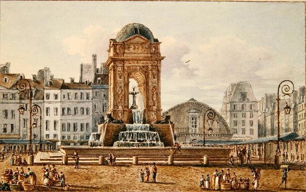 パリのマルシェデイノセントの場所と噴水の眺め、1810年頃（紙、トイレ） 作： ビクター・ジャン・ニコル