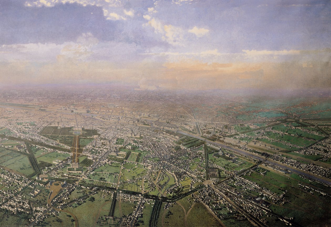 熱気球からのパリの全景、1855年（詳細） 作： ビクター・ナブレット