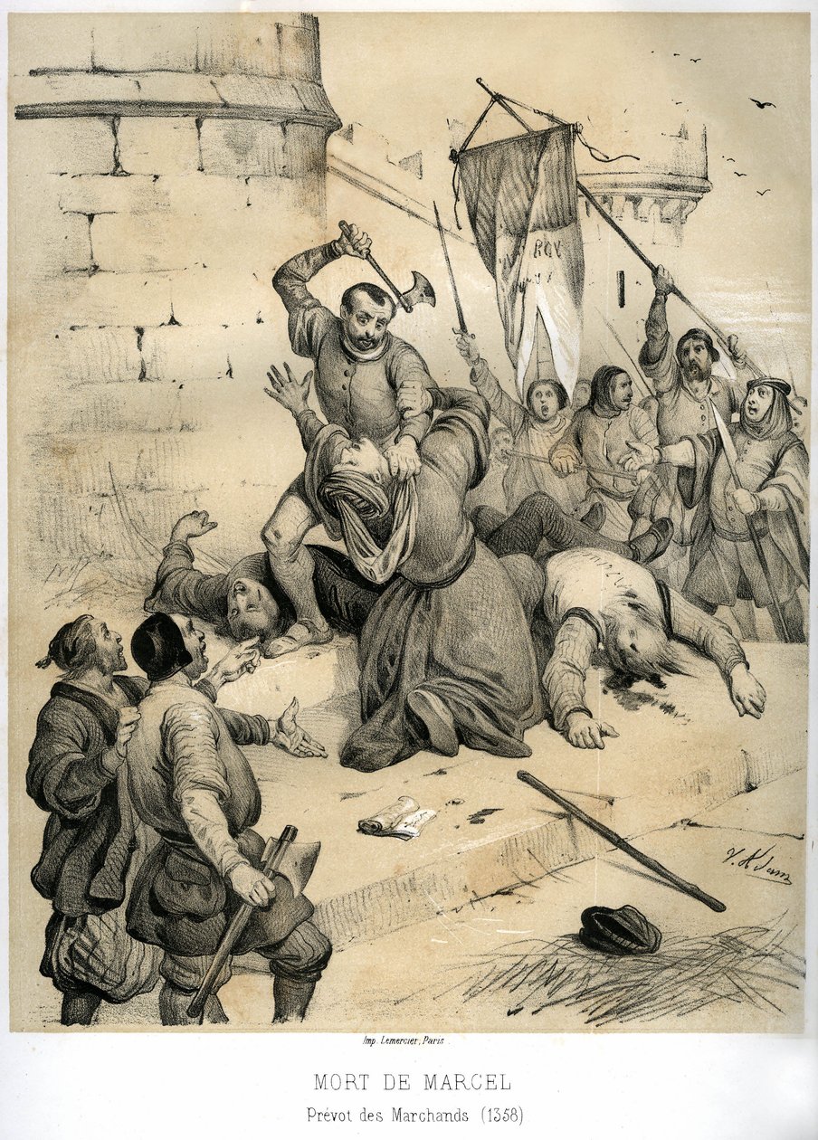 1358年7月、王党派の指導者の一人であったエシュヴァン、ジャン・マイヤールによる、富裕な呉服商、プレヴォ・デ・マルセル（1316-1358年）の暗殺。ヴィクトール・アダム（1801-1866）による版画。 作： ビクター・アダム