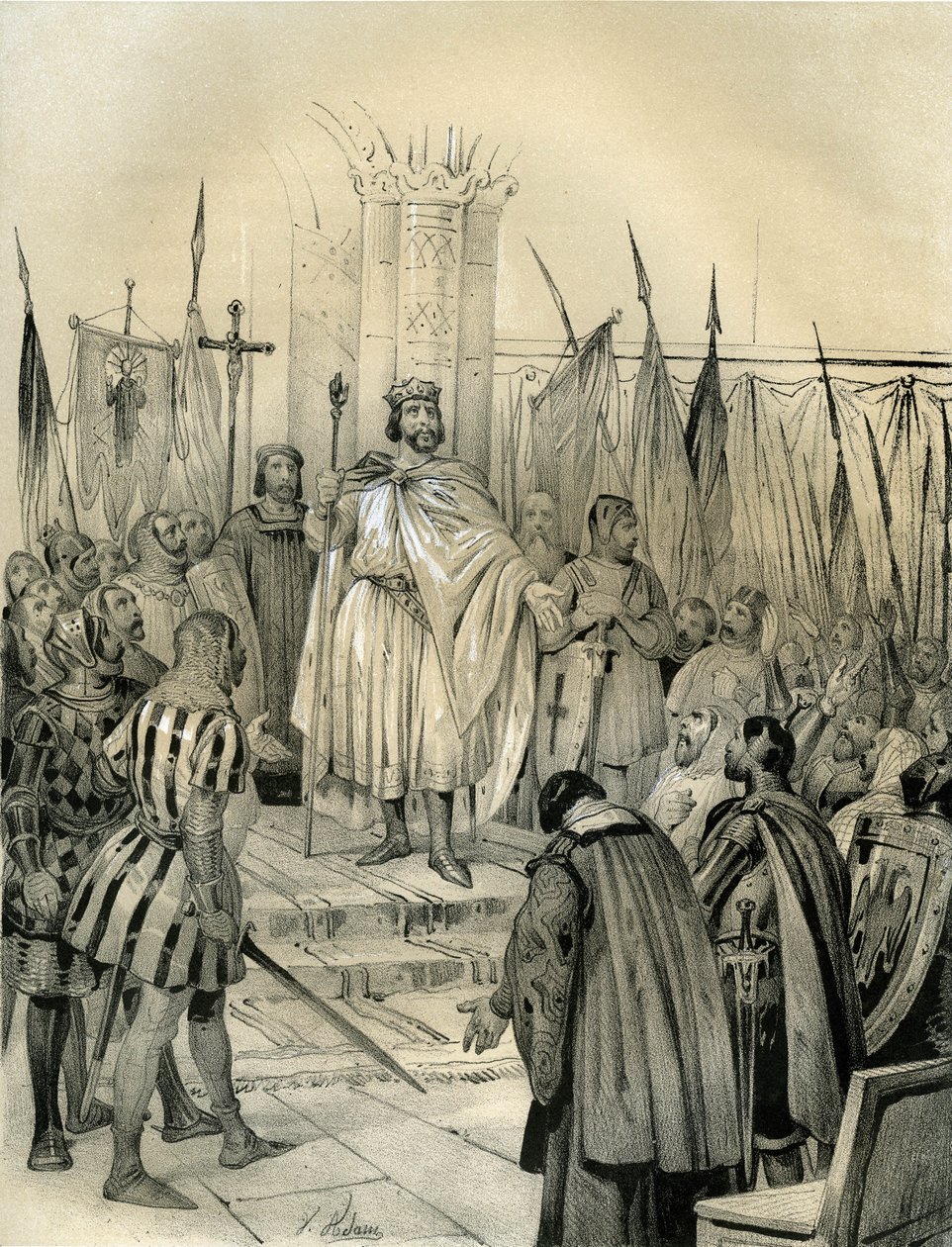 987年、ノヨンで行われたユーグ・カペ（941-996）の戴冠式。この戴冠式がカペー朝の始まりであり、フランス王家は8年間、直接または間接的に王位を継承した。ヴィクトール・アダム（1801-1866年）による『フランスの中のフランス』（邦訳『フランスの中のフランス』）に掲載された版画。 作： ビクター・アダム