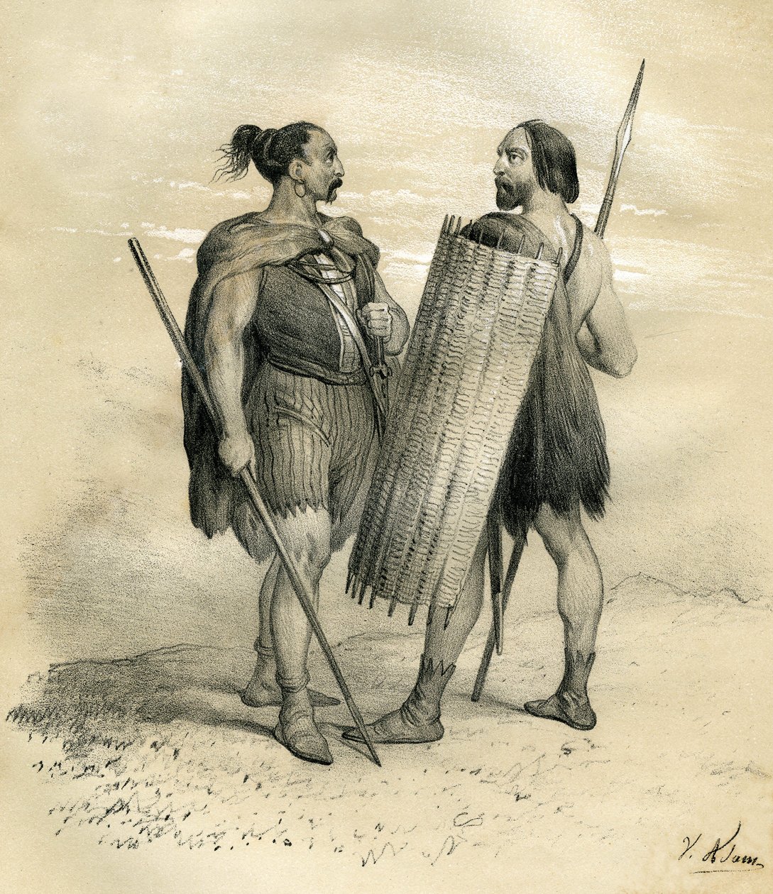 254年頃のフランとシカンベールの戦士たち。シカンベールはリッペ川以南のゲルマン民族で、8世紀にローマ人に従属させられ、その後フラン民族に統合された。ヴィクトール・アダム（1801-1866）による『フランスの歴史』（邦訳『フランスの歴史』）に掲載された版画。 作： ビクター・アダム