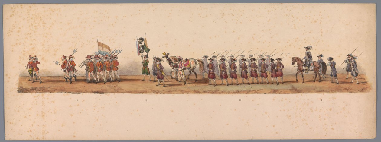1836年、ユトレヒト大学の200周年記念の歴史的な行進（プレート3） 1600 年 7 月 3 日、ニーウポールトでの勝利の翌日、オステンデへのオランダ軍の進軍。 H H Studentの衣装パフォーマンスによる 作： ビクター・アダム