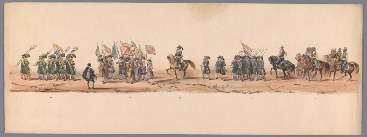 1836年、ユトレヒト大学の200周年記念の歴史的な行進（プレート9） 1600 年 7 月 3 日、ニーウポールトでの勝利の翌日、オステンデへのオランダ軍の進軍。 H H Studentの衣装パフォーマンスによる 作： ビクター・アダム